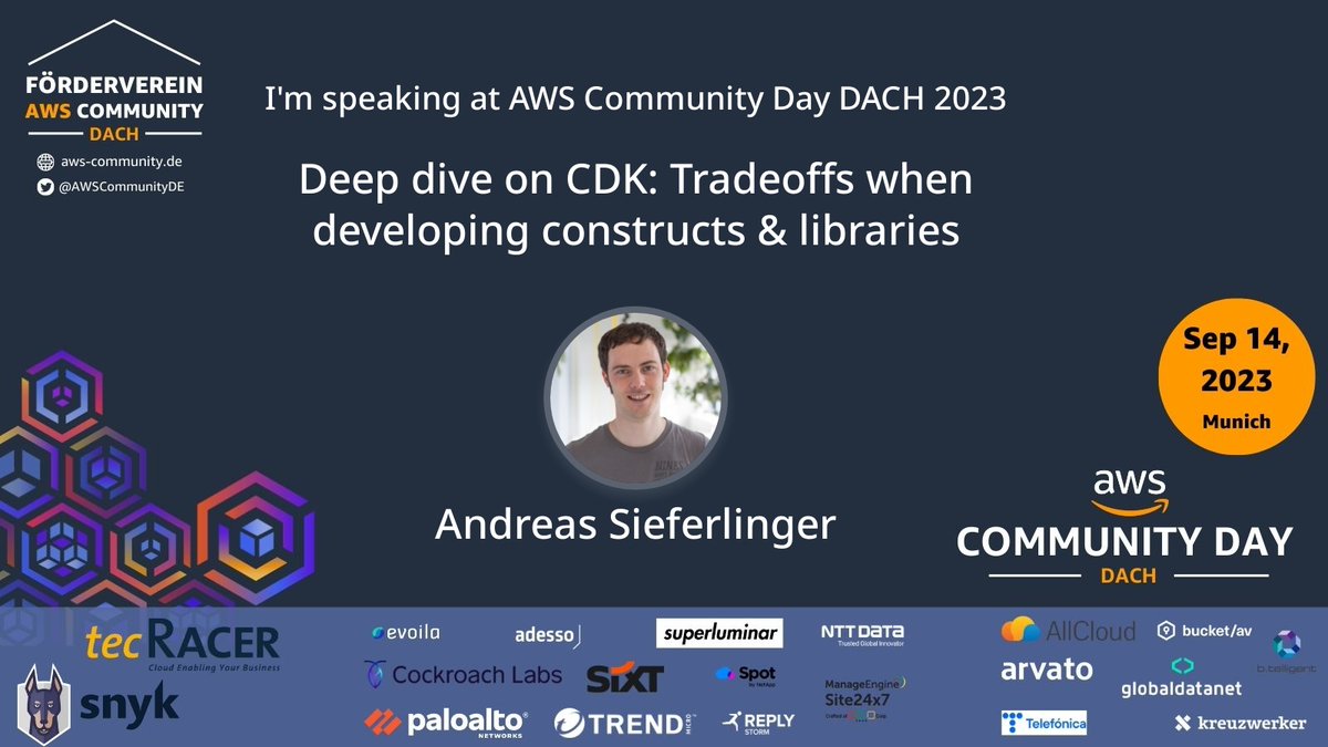 AWSCommunityDE's tweet photo. 🛠️ Dive deep into CDK development with @webratz! Compare tradeoffs, project setup, and custom checks for CDK constructs and libraries. Choose the best option for your projects! 💡 #AWSCommunityDay #AWSCommunityDayDACH Register: https://t.co/NB2mYsnZgP https://t.co/ZSgAMimRIg