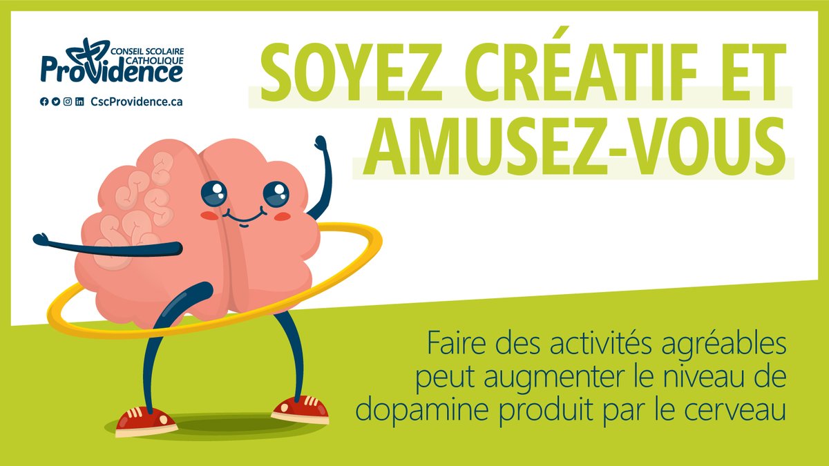 Pratiquer des activités peut entraîner une hausse de la dopamine dans le corps, l'hormone de la bonne humeur qui stimule les émotions positives.📈Quand on s'éloigne de l'électronique, on a + de temps pour jouer, s'amuser et faire preuve de créativité. #VendrediBienEtre
<a href="/SMHO_SMSO/">School Mental Health Ontario</a>