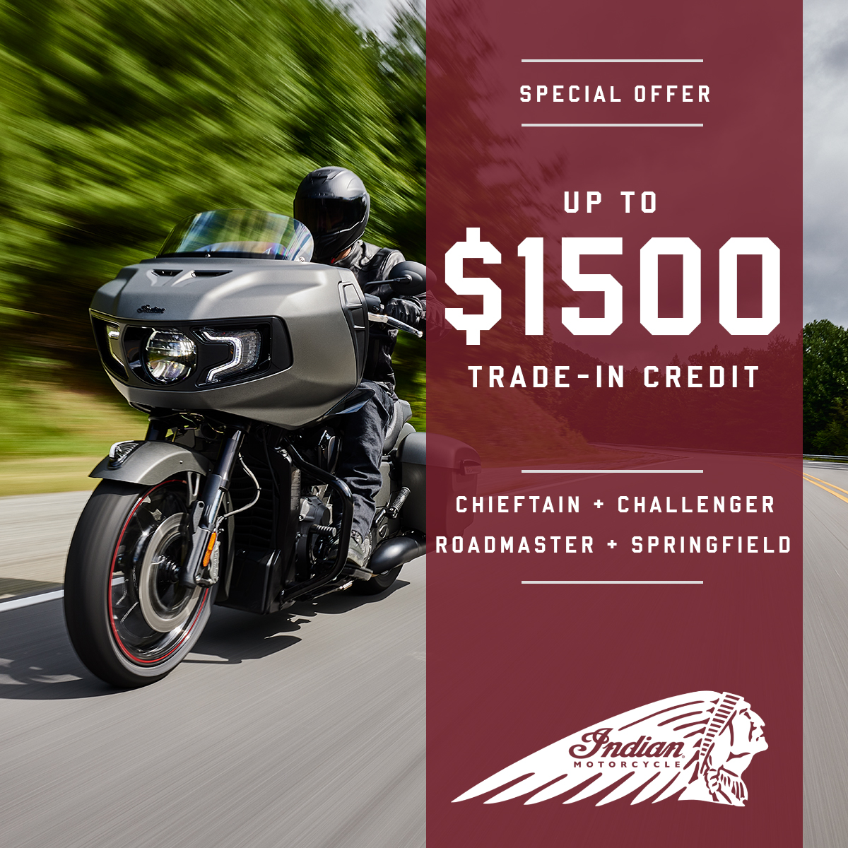IndianDSM's tweet photo. There's only a few days left to unlock exclusive trade-in credit offers on new Indian Motorcycle models - so which one do you plan to ride home on? Shop Chieftain, Challenger, Roadmaster, and Springfield with up to $1,500 off today at Indian Motorcycle Des Moines! https://t.co/SsiZ4V3dvE