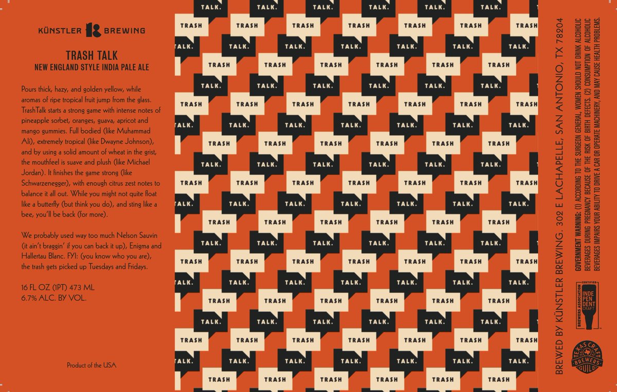 Your #CraftBeer Name Of The Day...

<a href="/KuenstlerBrew/">Künstler Brewing (and Pub)</a> Trash Talk
[San Antonio, Texas]

🍻