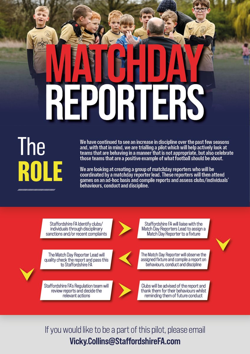 We are looking at creating a group of matchday reporters who will attend grassroots games on an ad-hoc basis and compile reports on clubs/individuals’ behaviours, conduct and discipline 📝

Please email Vicky.Collins@StaffordshireFA.com ✉️

#StaffordshireFootball