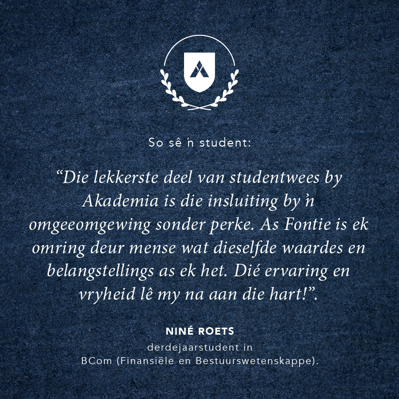 OnsAkademia's tweet photo. Akademia is méér as net  ŉ studietuiste, dit is ŉ plek waar vriendskapsbande gesmee en gekoester word. Lees wat sê Niné Roets, ŉ BCom (Finansiële en Bestuurswetenskappe)-student oor haar studentwees-ervaring. 

#MyAkademia #Studietuiste #Fontie https://t.co/8aZd5OUJSW