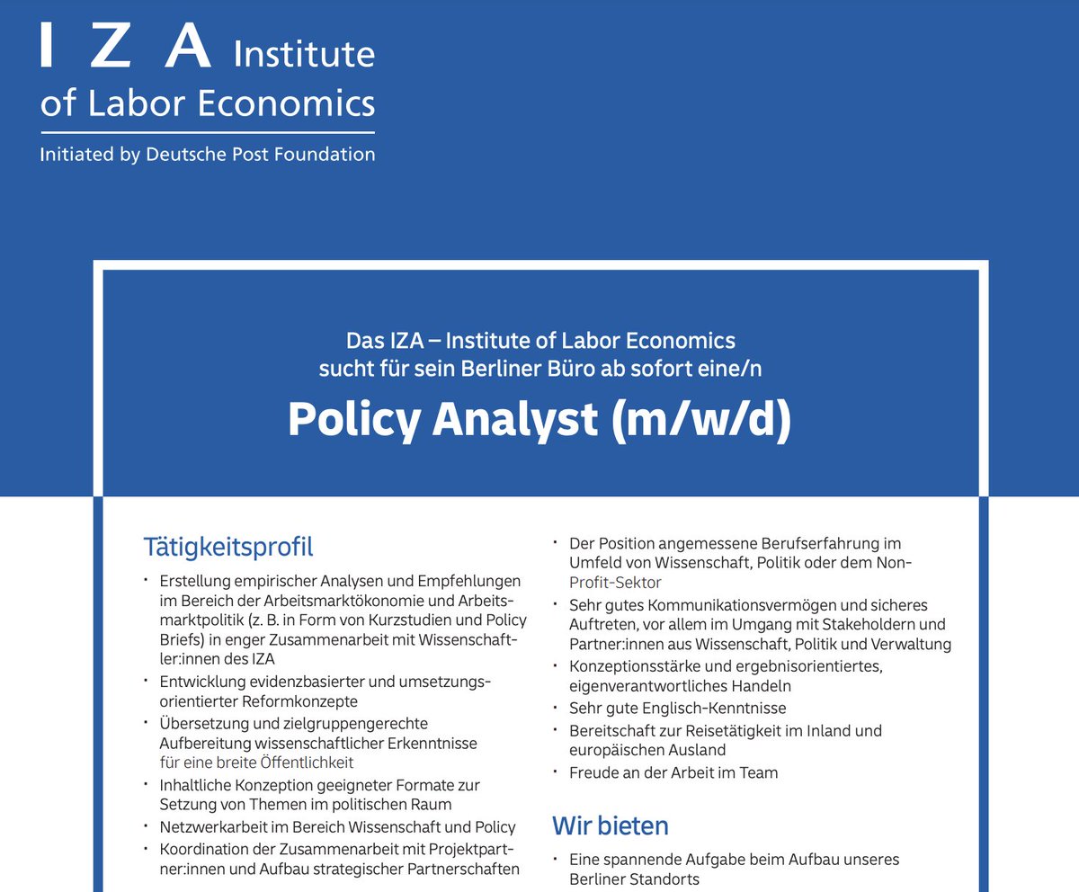 Job opportunity @iza_bonn: we're looking for a Policy Analyst for our team in Berlin! Please spread the word 🙏👇