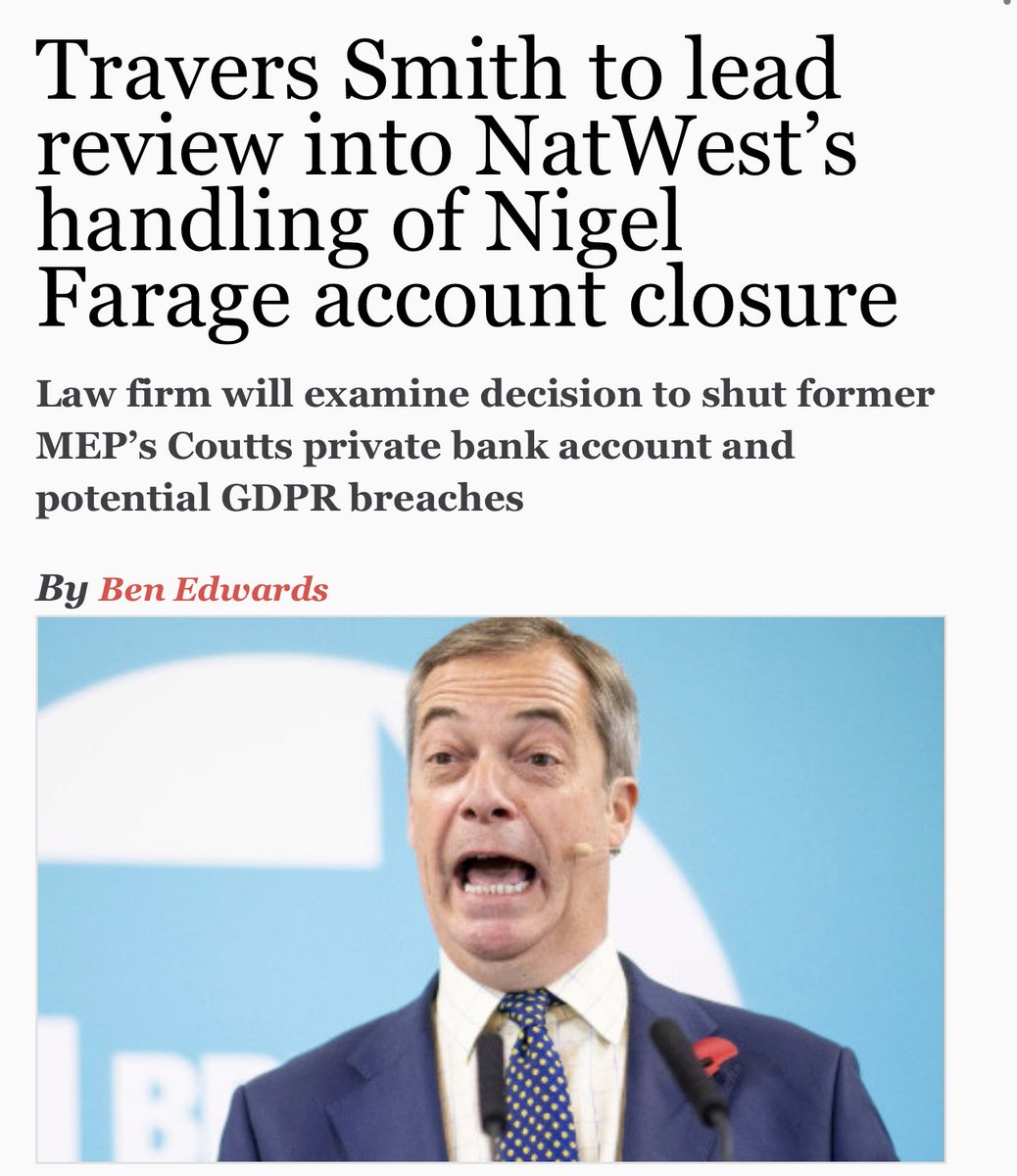 Nigel_Farage's tweet photo. BREAKING
NatWest Group have chosen establishment legal firm Travers Smith to investigate my account closure.
The Chair Emeritus and Senior Consultant, Chris Hale, is a “pro-Remain Lawyer” who said Brexit was “a tragedy”.
He wrote about “xenophobia, racism and nostalgia” during the Brexit debate… These are the same words used against me in the secret Coutts dossier.
How can anyone take seriously anything this review will say?