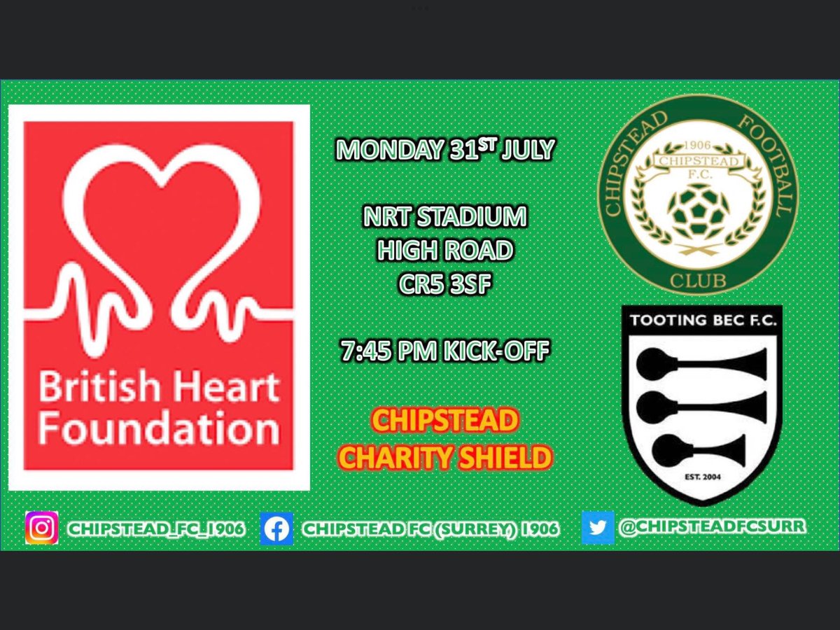 DATE CHANGE - Please note that our last pre-season friendly will now take place 24 hours earlier than advertised, on Monday 31st July KO 7.45pm v. <a href="/TootingBecFC/">Tooting Bec FC</a> for the inaugural Chipstead Charity Shield-all money raised on the gate will be donated to the British Heart Foundation