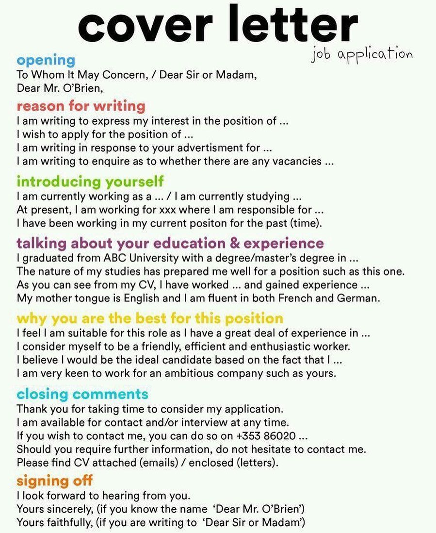 If you are applying for a new job position, a cover letter is an important addition to your application. Here is a an outline and useful vocabulary go include in your letter.