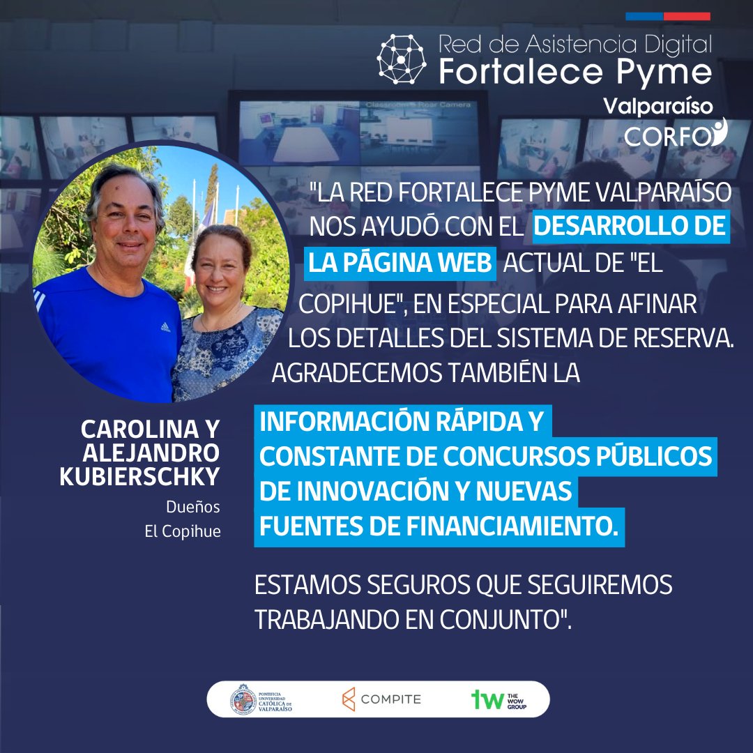 Caorlina y Alejandro, dueños del hotel #ElCopihue, relatan que afinaron su sistema de reserva gracias al trabajo junto a #FPymeValparaíso 🤝🚀

¡Gracias Carolina y Alejandro por confiar en nuestro equipo y profundizar en su #Digitalización junto a #FPyme!