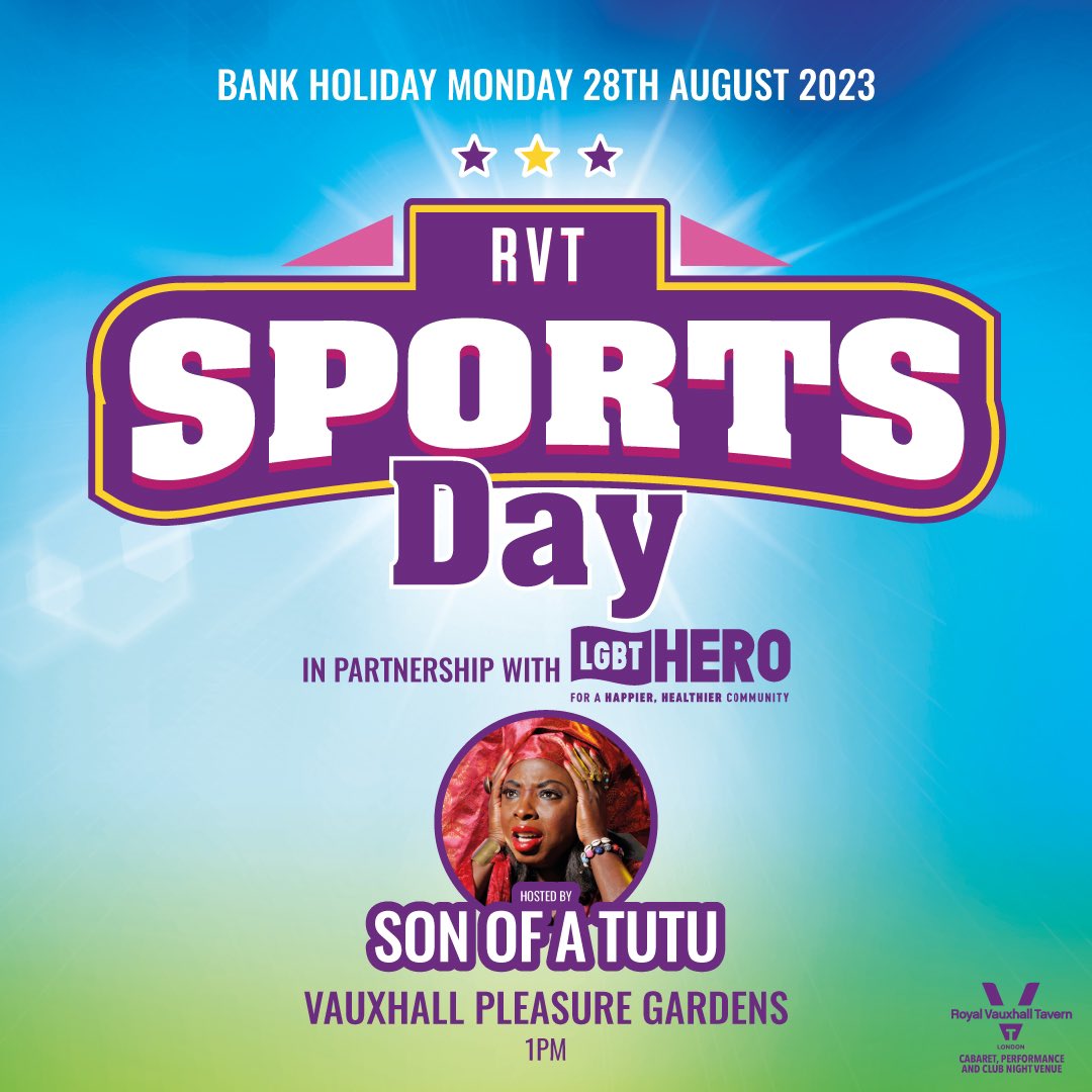 🔫 On your marks, get set, POWER MINCE! 😍 RVT Sports Day is the legendary annual charity event which has been an unmissable staple of the queer calendar for more than 40 years! 📆 The 2023 edition is on BANK HOLIDAY MONDAY 28TH AUGUST, with @lgbthero, hosted by @SonofaTutu