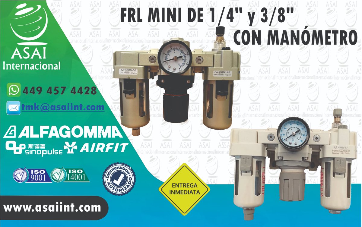 ASAIINTERNACIO1's tweet photo. Disponible en exclusiva para ti nuestra unidad FRL MINI con medida de rosca de 1/4" y 3/8"... Pide los tuyos por que se acaban!!
#Aguascalientes #conexiones #mangueras #manguerashidraulicas
#hidraulica #neumatica #conexionesneumaticas #alfagomma #hydraulichose #hydraulicmachinery https://t.co/1Adr8jpRrI