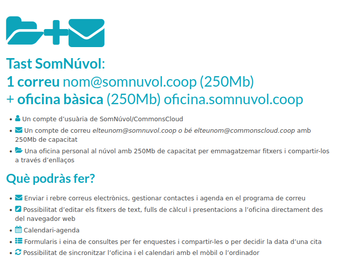 femprocomuns's tweet photo. Prova gratuïtament les eines de SomNuvol:
📂 oficina bàsica https://t.co/8QnuM0iPgA
📩 correu personal elmeunom@somnuvol.coop
https://t.co/nULKouBKly
I si t'agrada #fesElSalt fes-te sòci/a de la cooperativa.
❤️#SomCooperativa
💚#SomTecnoètica
🖤#SomProgramariLliure https://t.co/MGnvxwS1ek