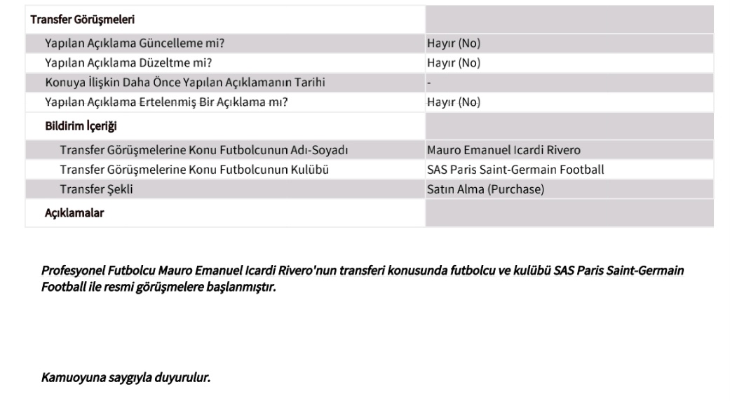 #GSRAY Galatasaray ◾Profesyonel Futbolcu Mauro Emanuel Icardi Rivero'nun transferi konusunda futbolcu ve kulübü SAS Paris Saint-Germain Football ile resmi görüşmelere başlanmıştır. #Galatasaray