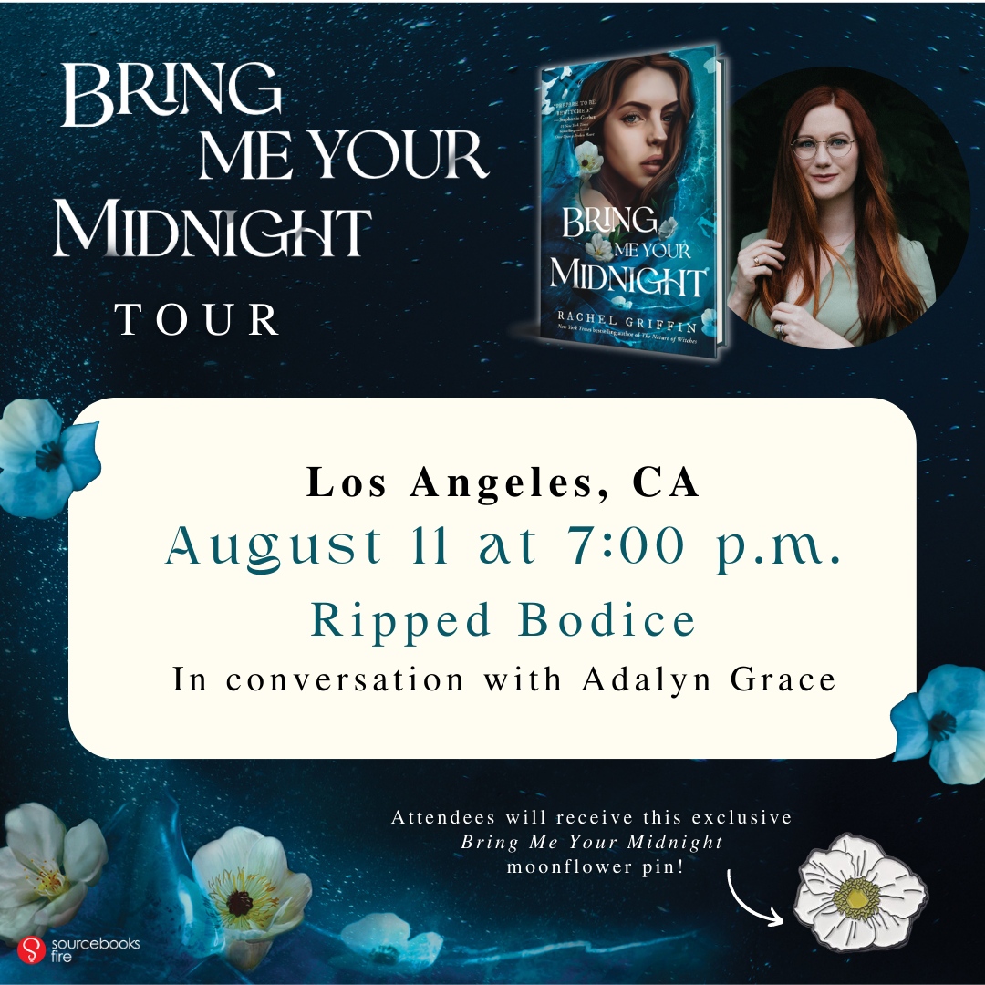 IN 2 WEEKS! We’re celebrating Bring Me Your Midnight with Rachel Griffin on Friday, August 11th at 7pm. <a href="/TimesNewRachel/">Rachel Griffin is on IG 🍃</a> will chat about her #YA #RomanticFantasy with <a href="/AdalynGrace_/">Adalyn Grace - Updates</a>. 🩵

Tickets (with 📚️ ☕️ enamel pin):
therippedbodicela.com/events-and-tic…

#TheRippedBodiceLA <a href="/SourcebooksFire/">Sourcebooksfire</a>