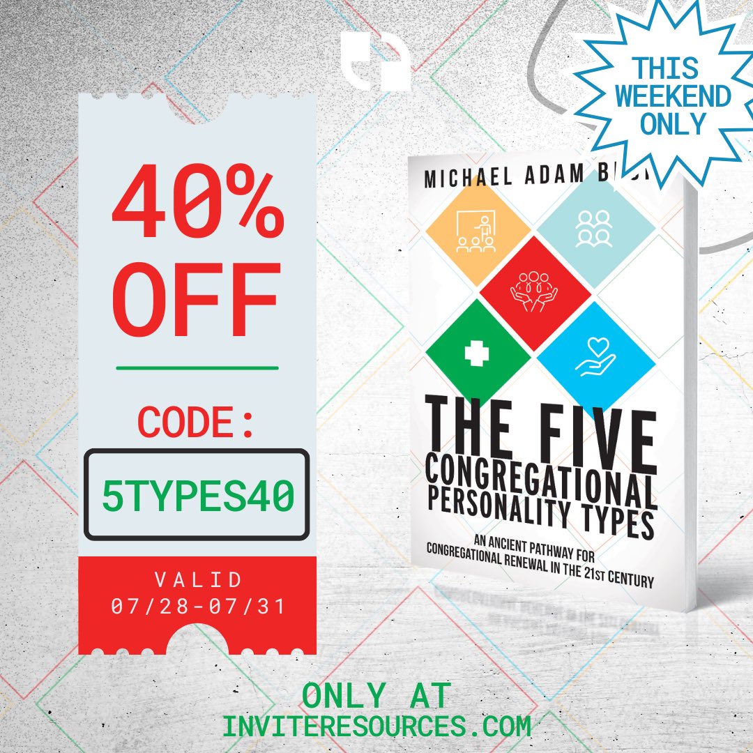 invite_ministry's tweet image. 40% OFF THIS WEEKEND ONLY‼️

Pre-Order @reverendwild1’s The Five Congregational Personality Types in the final weekend before launch day (August 1st) and get 40% OFF!!

DISCOUNT CODE: 5TYPES40

Pre-order: inviteresources.com/store/view/5-t…

#5types #church #personalitytypes #40off