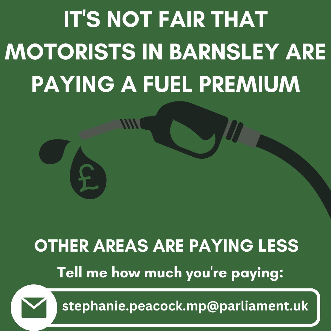Steph_Peacock's tweet photo. Motorists in Barnsley are paying more for their fuel than other areas of the UK.

I don’t think that this is fair.

If you’re travelling around the country this summer and notice lower fuel prices compared to Barnsley, let me know at stephanie.peacock.mp@parliament.uk https://t.co/Fenf2XRDoc
