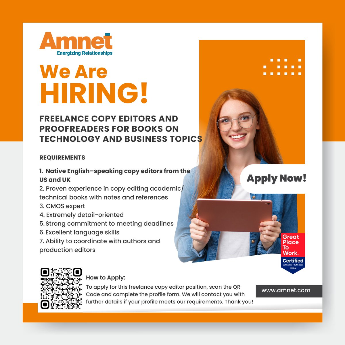 Amnetsys's tweet photo. Seeking freelance copy editors and proofreaders for books on technology and business topics such as cloud computing, AI and machine learning, software architecture, programming languages, team management, and more!
Apply here - https://t.co/x6u6cPaBpi

#jobopening #jobs #Amnet https://t.co/b2CMMHQIXi