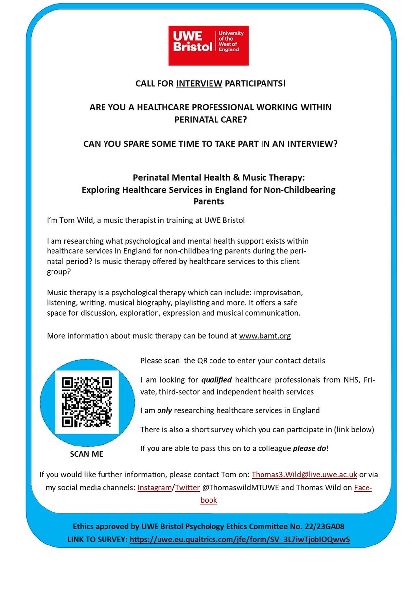 ThomasWildMTUWE's tweet photo. Extended collection period for interviews and survey 
Survey
https://t.co/0mN5w7OLhQ…    
Interview  https://t.co/tTml5srVzZ… 
#paternalmentalhealth #perinatalhealth #paternalperinatalhealth #musictherapy #dadsmentalhealth #perinatalmusictherapy #BAMT #UWE #musictherapyresearch https://t.co/6yeMFLYG8n