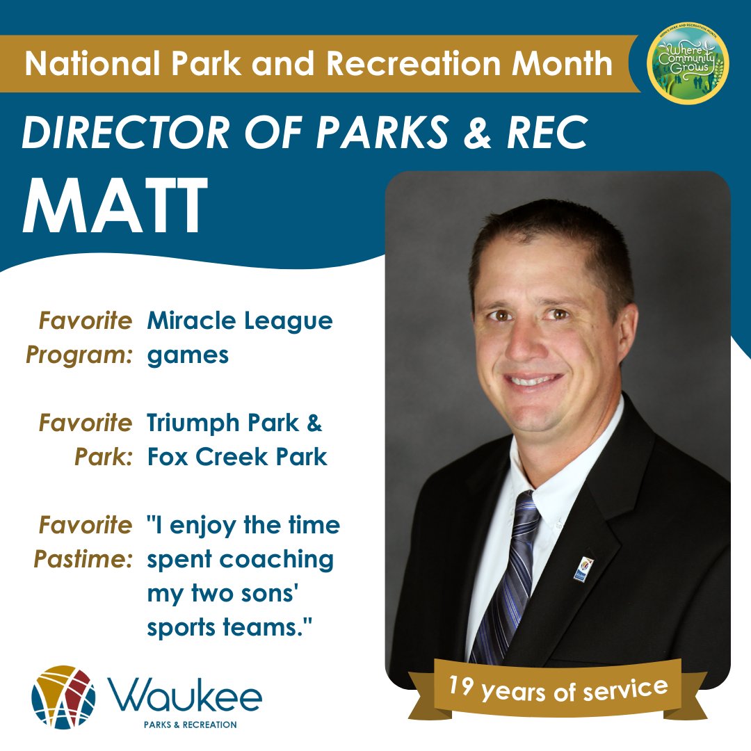WaukeeParks_Rec's tweet photo. In honor of National Park and Recreation Month, meet the faces behind everything our Department does! Matt and Josh are our fearless department leaders, Joe oversees our facilities and Melissa is the friendly face at our front desk every day. 🤩

#WhereCommunityGrows #NPRM https://t.co/7FtWRmBtGF
