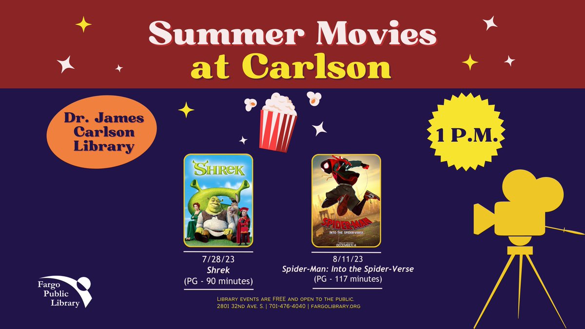 fargolibrary's tweet image. We have another Summer Friday Movie screening TODAY– Friday(7/28) @ 1PM at the Dr. James Carlson
@fargolibrary. Free movie + Free popcorn! #FargoPublicLibrary #SummerReadingChallenge