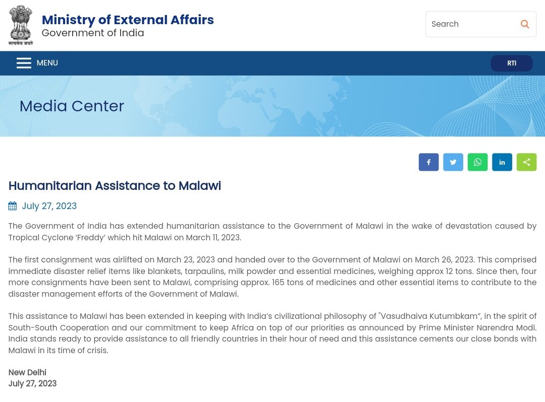 sidhant's tweet photo. India sent humanitarian assistance to Malawi earlier this year as the country was hit by a tropical cyclone: https://t.co/XpGSGlx9bI