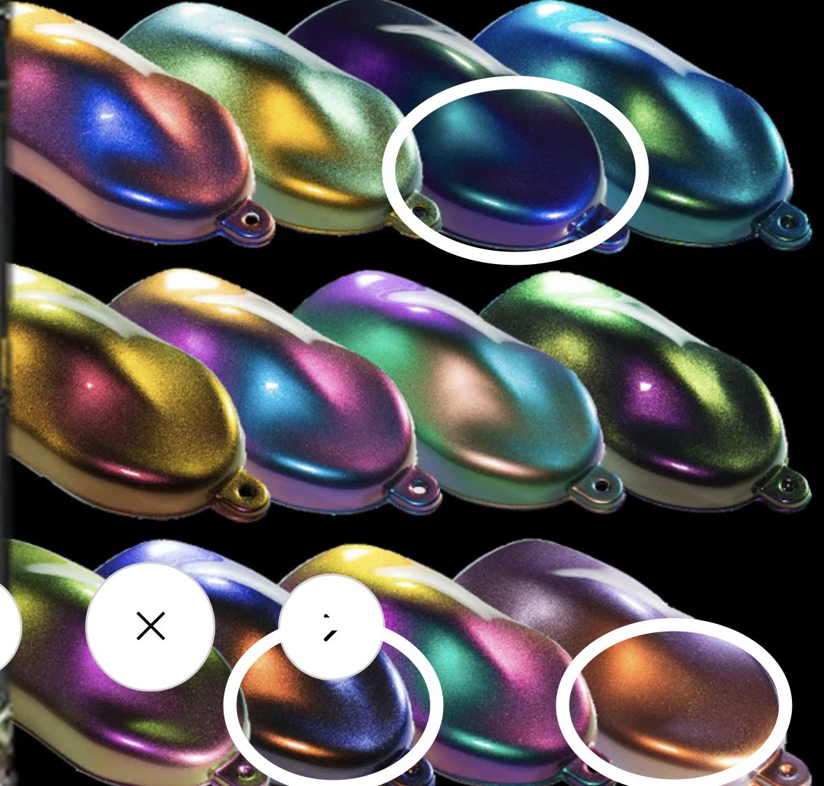 DikStanton's tweet photo. @custompaintsinc hi, would you be able to tell me the names of these chromacoat colours are (circled in the picture) and if you have any other examples of the same 3 on a test application? https://t.co/zRQIDyY6rU