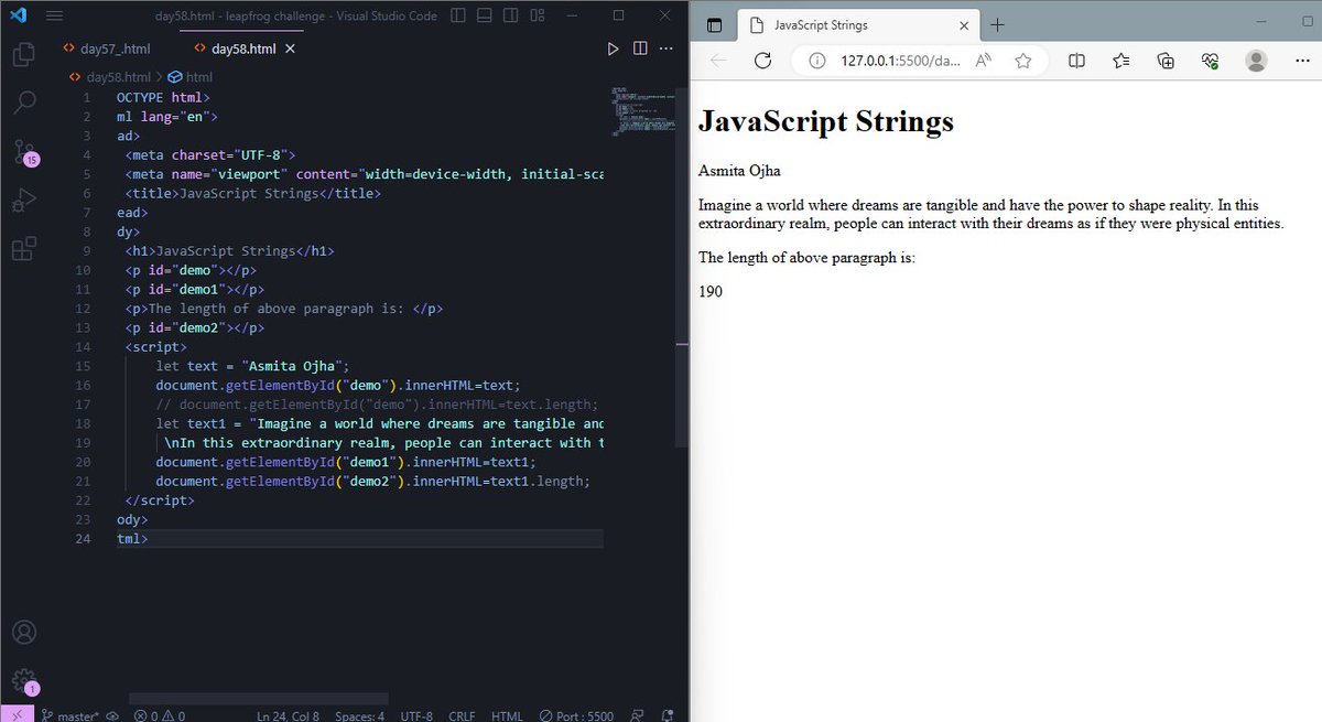asmitaojha25's tweet photo. Day 58
Today I learnt about JavaScript Strings.
#60DaysOfLearning2023
#LearningWithLeapfrog
#LSPPD58
#Learning_growing https://t.co/luO8U3jOQQ