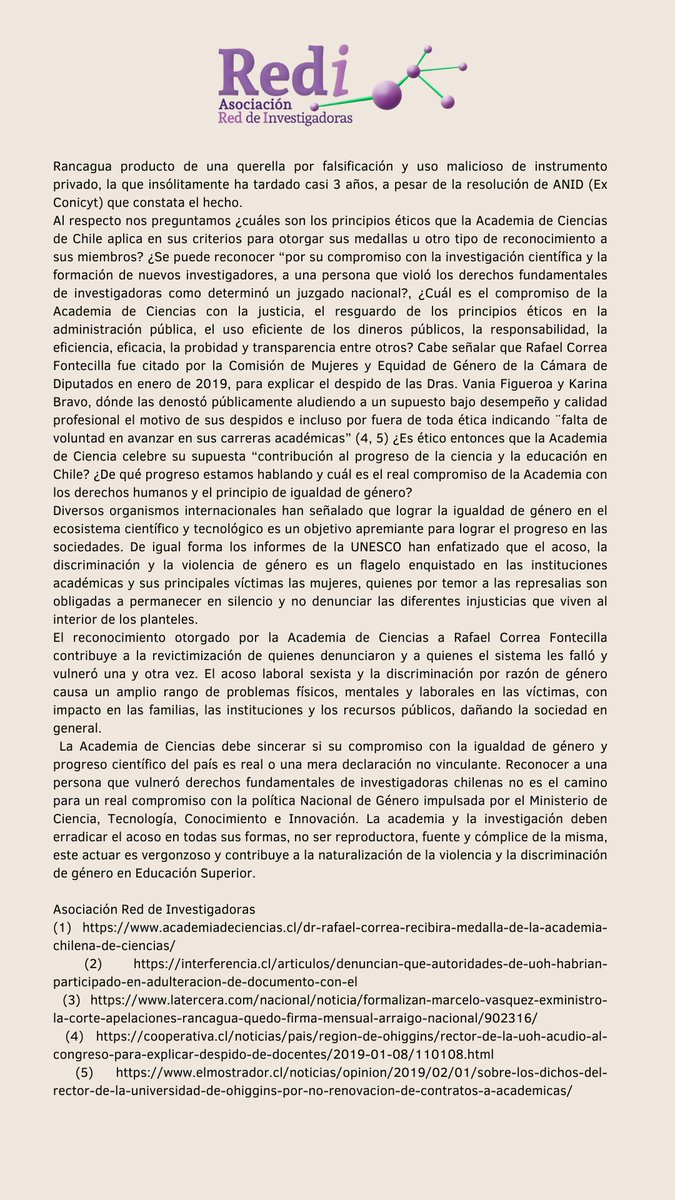 Cómo red de Investigadoras estamos comprometidas con la generación de conocimiento riguroso sustentado en la justicia, el respeto y la verdad. 
Nos preocupa que la  Academia Chilena de Ciencias haya decidido entregar medalla de reconocimiento a exrector de <a href="/uohiggins/">Universidad de O'Higgins</a> 
Motivos👇