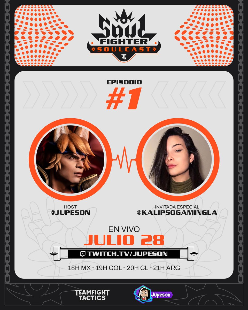 jupeson's tweet photo. ¡¡SUCEDIO!!
HOY ESTRENO NUEVO PODCAST 
🎙️#SoulFighter SOULCAST TFT

Invitada especial: @kalipsogamingla 

- Madre del TFT &amp; Host internacional del Mundial
- Creadora para @Rainbow7lol
- Influencer Rel Mgr en @TwitchLatam 

¡Haremos anuncios de eventos de comunidad!

VUAAAMO 🖐️ https://t.co/qzf5F2TQ60