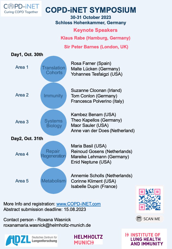 The first COPD-iNET symposium will take place on 30-31 October 2023 in the beautiful Schloss Hohenkammer, just outside Munich, Germany. Register and learn the latest in #copd research by our invited experts. Please Re-X with everyone interesting in attending! #curecopd