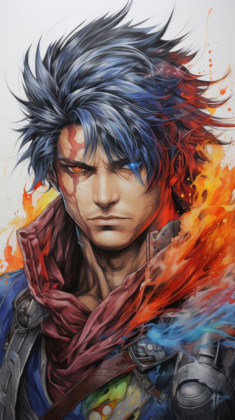 90's anime , warrior male, super pro illustration, pencil hatch, sketch, crossinghatch, pencil sketch, drawing, colorful background, Hayao Miyazaki --ar 9:16 --s 250 --v 5.2