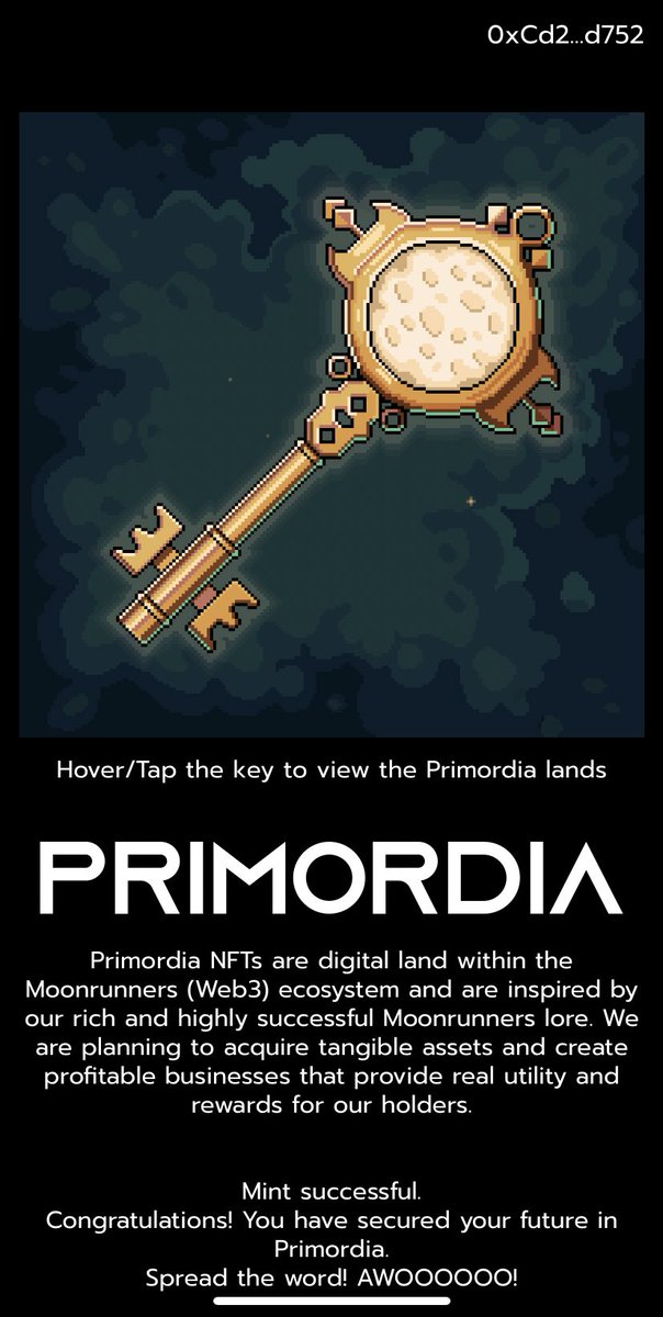 I just minted additional x6 Primordian Key. Now, I‘m holding 10 Primordian 🔑s! 

Real money, real utility, in real life.

To mint a key, grab yourself a Moonrunner or Dragonhorde and participate in the holders only pre-sale for a limited time only.

WL and Public phase coming