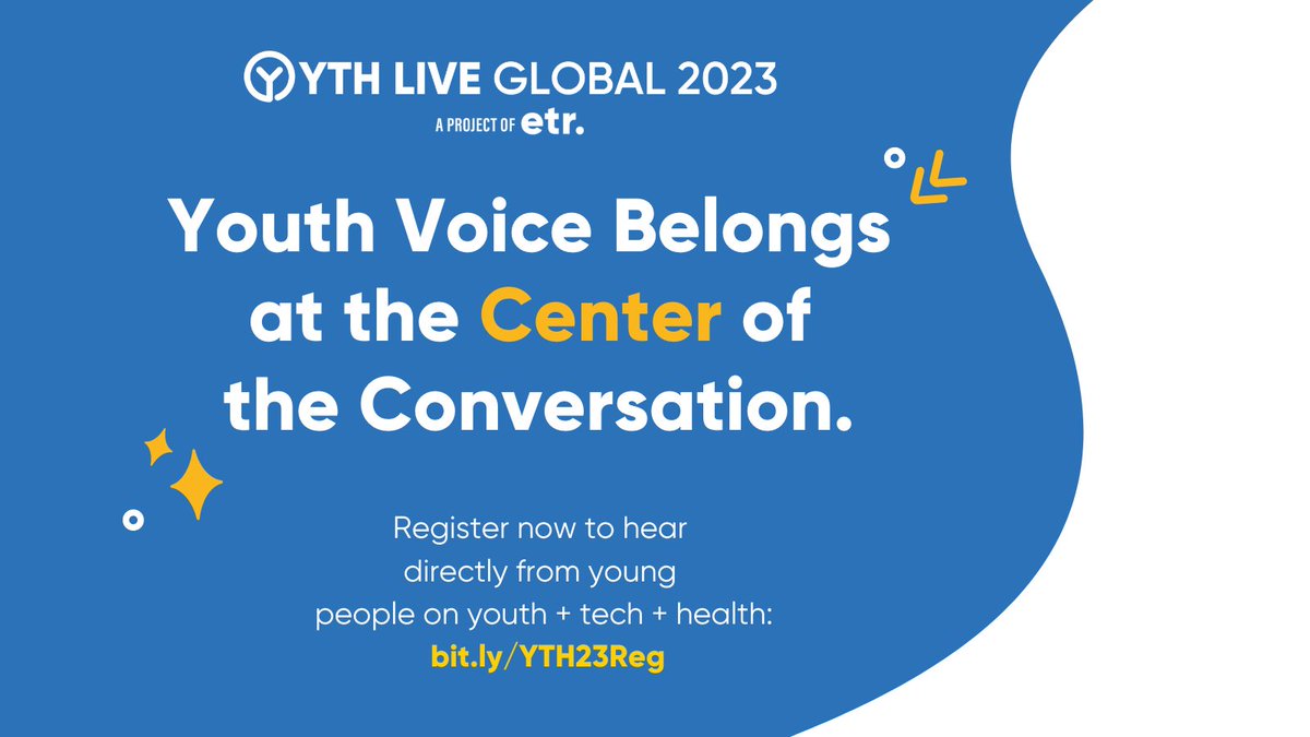 ETRorg's tweet photo. At #YTHLiveGlobal23 we’ve designed every session to center youth voice and perspective. Join us on October 11, 2023, to hear directly from young people on the convergence of youth, tech, and health. Registration is now open: https://t.co/n5SW7tSRdB https://t.co/avjA41DmsA