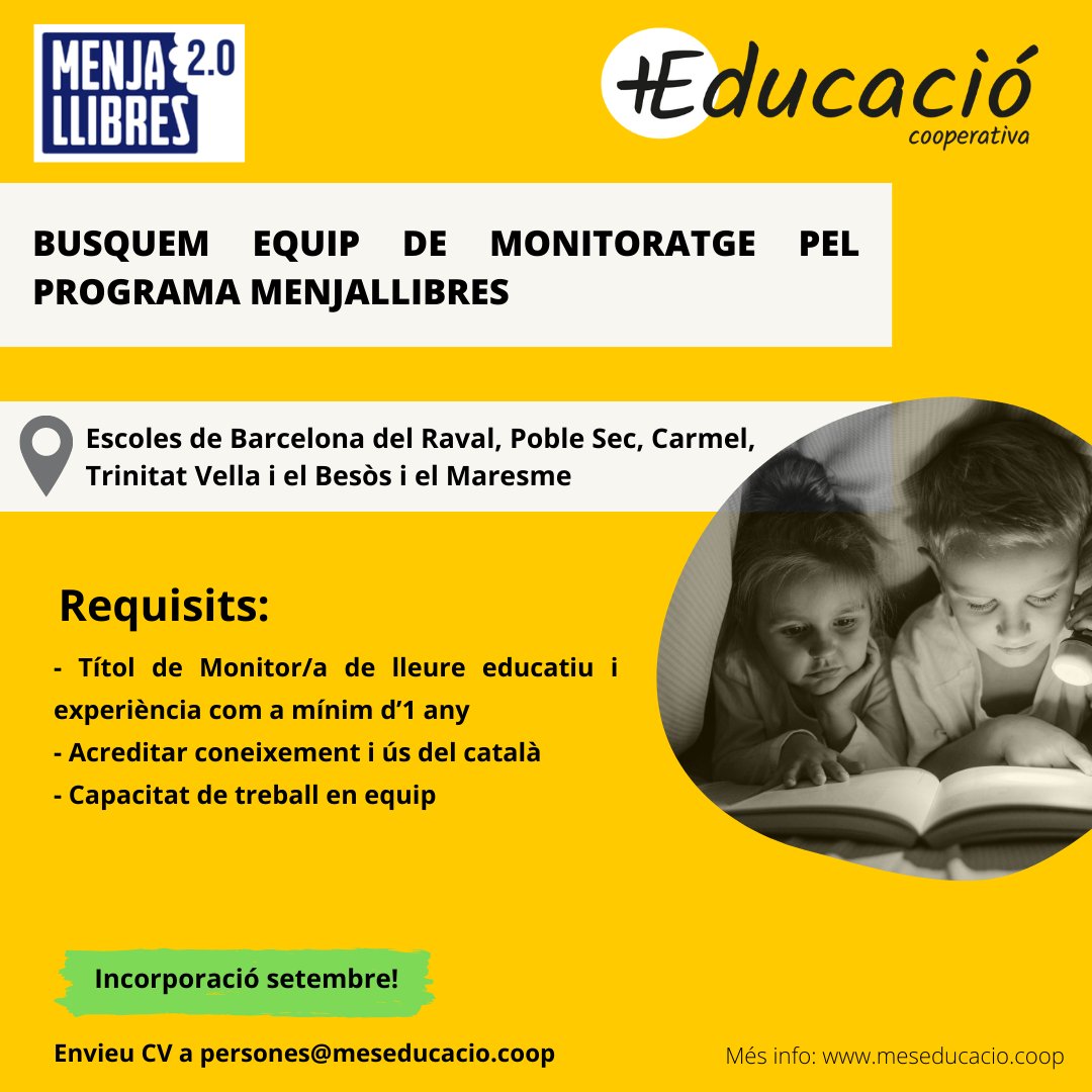 📢𝐍𝐎𝐕𝐄𝐒 𝐎𝐅𝐄𝐑𝐓𝐄𝐒 𝐃𝐄 𝐅𝐄𝐈𝐍𝐀!📢

📍Estem preparant nous projectes i ens falten mans per tirar-los endavant, vols sumar-te a la cooperativa? 

🔗T'hi esperem! Trobaràs més informació al web! meseducacio.coop/actualitat/