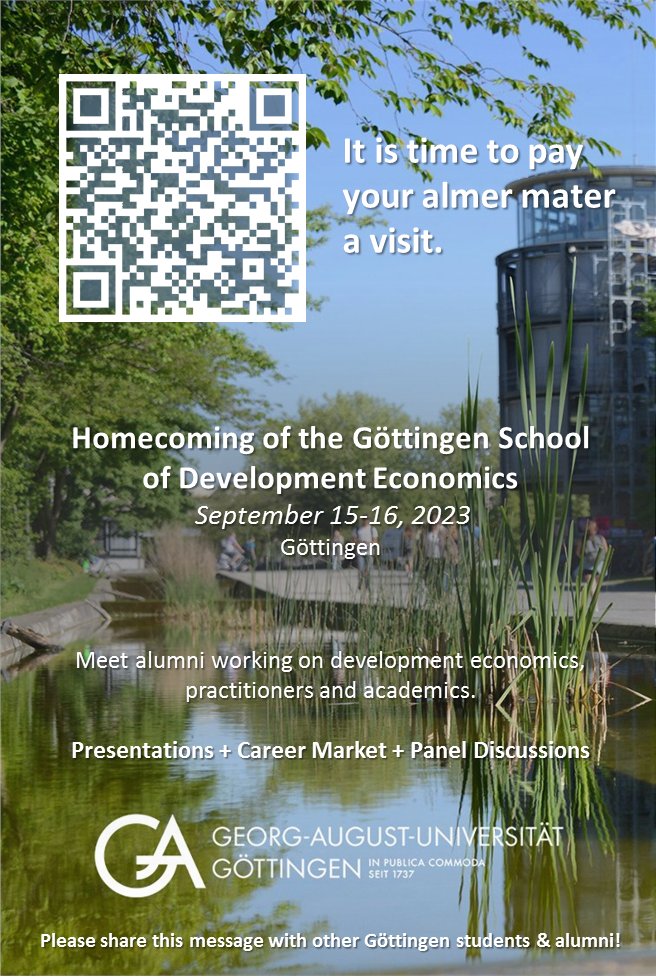 Andreas Fuchs (@fuchs_andreas) on Twitter photo All (former and current) #Göttingen DEVELOPMENT ECONOMISTS, register NOW for the Homecoming of the Göttingen School of Development Economics!
More under sites.google.com/view/homecomin….
<a href="/wiwigoettingen/">Wirtschaftswissenschaftliche Fakultät Göttingen</a> <a href="/goe_agrar/">Fakultät der Agrarwissenschaften | Uni Göttingen</a> <a href="/cege_goettingen/">cege</a> <a href="/CeMIS_unigoe/">Centre for Modern Indian Studies, CeMIS</a> @CeMEAS_unigoe <a href="/glad_1723/">GLAD</a> <a href="/rtgSusFoodSys/">RTG2654SustainableFoodSystems</a> All (former and current) #Göttingen DEVELOPMENT ECONOMISTS, register NOW for the Homecoming of the Göttingen School of Development Economics!
More under sites.google.com/view/homecomin….
<a href="/wiwigoettingen/">Wirtschaftswissenschaftliche Fakultät Göttingen</a> <a href="/goe_agrar/">Fakultät der Agrarwissenschaften | Uni Göttingen</a> <a href="/cege_goettingen/">cege</a> <a href="/CeMIS_unigoe/">Centre for Modern Indian Studies, CeMIS</a> @CeMEAS_unigoe <a href="/glad_1723/">GLAD</a> <a href="/rtgSusFoodSys/">RTG2654SustainableFoodSystems</a>