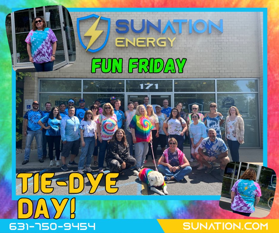 SUNation_Energy's tweet photo. It's another FUN FRIDAY at SUNation Energy and today, it's Tie-Dye Day!
We're just loving the colorful outfits our team came up with this week. Some are even hand-made!
#SUNation #FunFriday #TieDyeDay #SolarJob #SolarCareer #Summer https://t.co/EGqf5DKPwt
