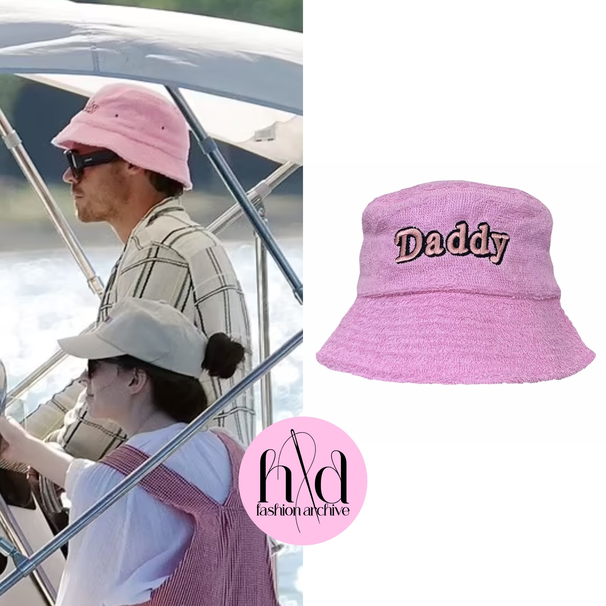HLD Fashion on X: Harry wore this pink terry towel king 'Daddy' bucket hat  on his recent boat trip in italy. (July 2023) 🔗    / X