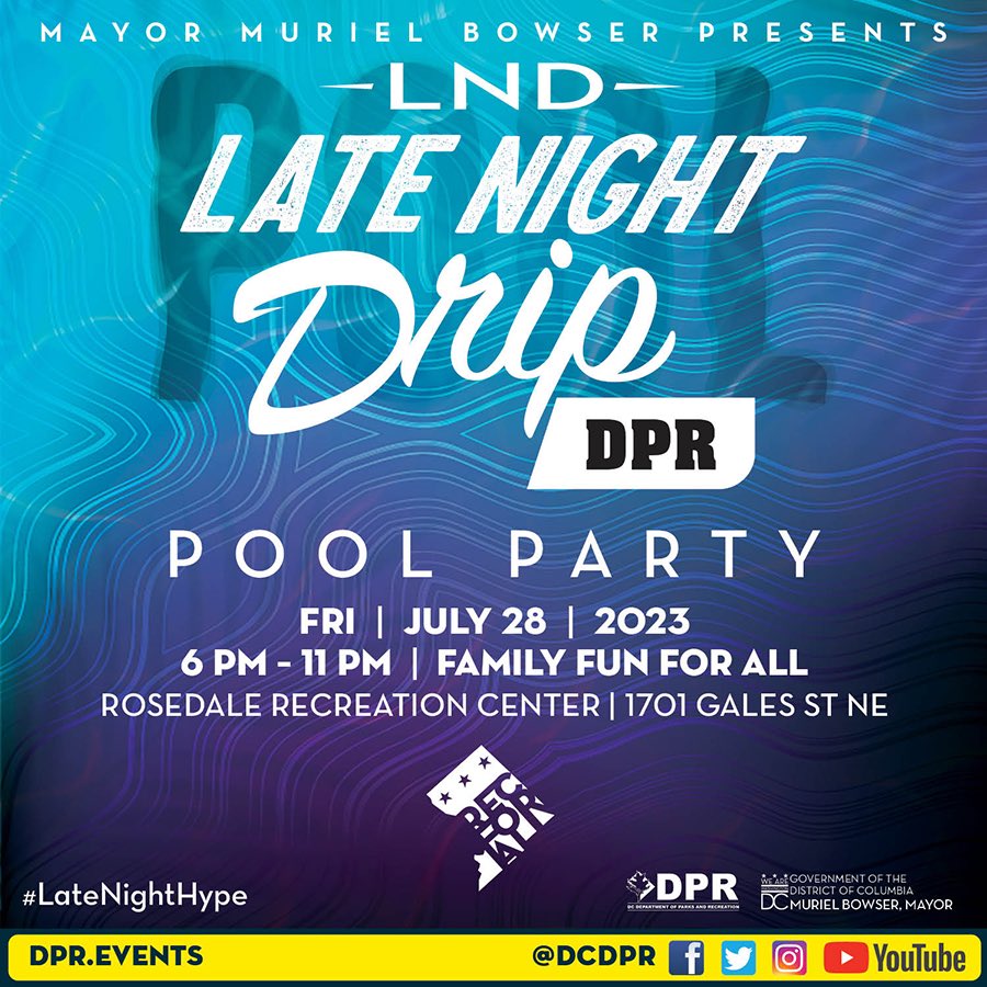 DCDPR's tweet photo. Due to the heat, the hype has become a drip. So grab your swimwear and meet us at Rosedale Pool for a fun pool party for the entire family.
Dip into something cool on a Friday Night. 6p-11p
#LateNightDrip https://t.co/k6r1vnFIdM