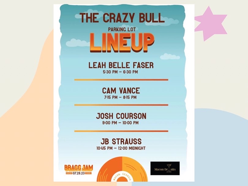 We're coming for you, #Macon ! Catch us Saturday, July 29, at #TheCrazyBull as part of @BraggJam ! We hit the stage at 5:30 pm 🎸🎶