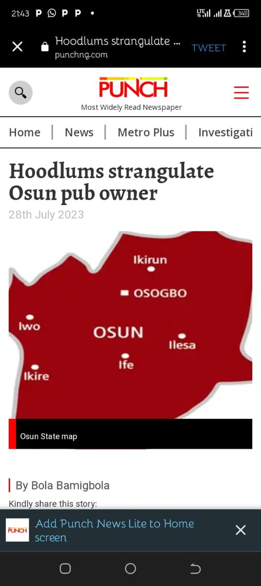 _chiefagbabiaka's tweet photo. This morning I posted about a farmer that was kidnapped in Osun.
Again some yet to be identified hoodlums have reportedly strangulated a pub owner, popularly called Iya Bisola, operating in Ikirun, Osun State. #InsecurityInOsun
This is getting to much https://t.co/PPQAMGz6P9
