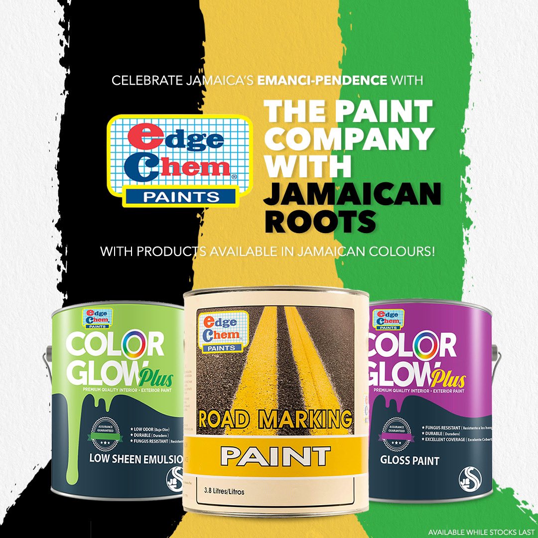 edgechem's tweet photo. Celebrate Jamaican Emanci-pendence with #EdgeChem. The paint company with JAMAICAN Roots.  

We have durable and bright road marking paint, and decorative paints available in Jamaican colours.

#EmanciPendence
#EdgeChemPaints https://t.co/TwMtUXvIrI