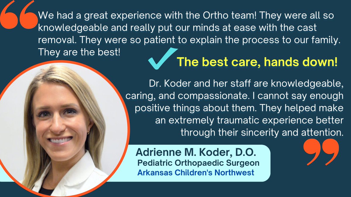 From a broken bone to a complex surgery, your child deserves the most specialized care possible! 
Dr. Adrienne Koder is a pediatric orthopaedic surgeon at <a href="/archildrens/">Arkansas Children's</a> Northwest with the expertise and compassion to help your child get back to being a kid.
archildrens.org/programs-and-s…