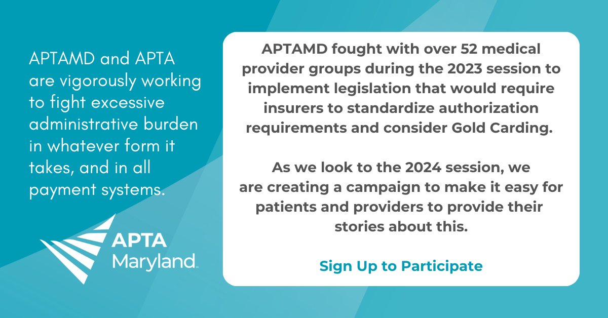 APTA Maryland (@aptaofmaryland) on Twitter photo #APTAMD is working to reintroduce legislation to reduce administrative burden and the prior authorization process in 2024. Sign up to be part of our campaign to collect stories to share with legislators. #PTadvocacy <a href="/michelle_jamin/">Michelle Jamin PT, DPT</a> <a href="/jdsheppard/">J.D. Sheppard II</a> <a href="/RoyFilmDPT/">Roy Film</a>
aptamd.org/aptamd-prior-a… #APTAMD is working to reintroduce legislation to reduce administrative burden and the prior authorization process in 2024. Sign up to be part of our campaign to collect stories to share with legislators. #PTadvocacy <a href="/michelle_jamin/">Michelle Jamin PT, DPT</a> <a href="/jdsheppard/">J.D. Sheppard II</a> <a href="/RoyFilmDPT/">Roy Film</a>
aptamd.org/aptamd-prior-a…