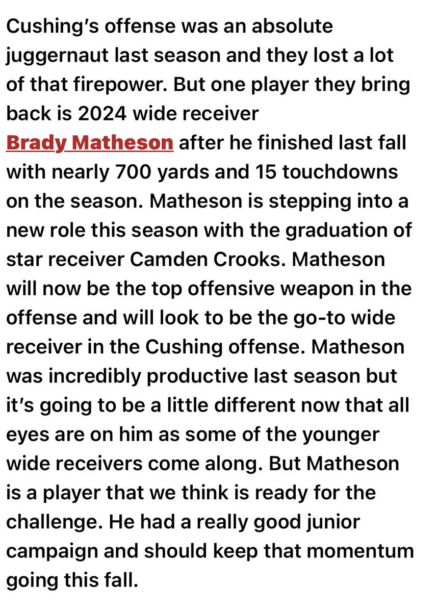 Brady Matheson (@mathesonbrady) on Twitter photo Thank you <a href="/6starfootballOK/">Six Star Football | OKLAHOMA</a> and <a href="/PrepRedzoneOK/">Prep Redzone Oklahoma</a> for the write up. Looking forward to a BIG senior season!
<a href="/CushTIGERSFB/">Rusty Morgan</a> <a href="/chisholm_scott/">Scott Chisholm</a> <a href="/GPowell3_GP3/">Coach Powell</a> Thank you <a href="/6starfootballOK/">Six Star Football | OKLAHOMA</a> and <a href="/PrepRedzoneOK/">Prep Redzone Oklahoma</a> for the write up. Looking forward to a BIG senior season!
<a href="/CushTIGERSFB/">Rusty Morgan</a> <a href="/chisholm_scott/">Scott Chisholm</a> <a href="/GPowell3_GP3/">Coach Powell</a>