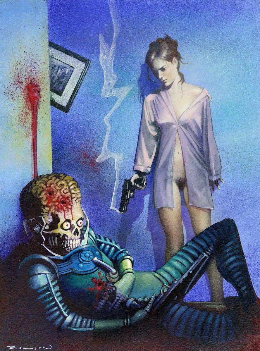 afrocosmist's tweet image. "woman blasts martian" art by john bolton for topps mars attacks archives card set, 1994