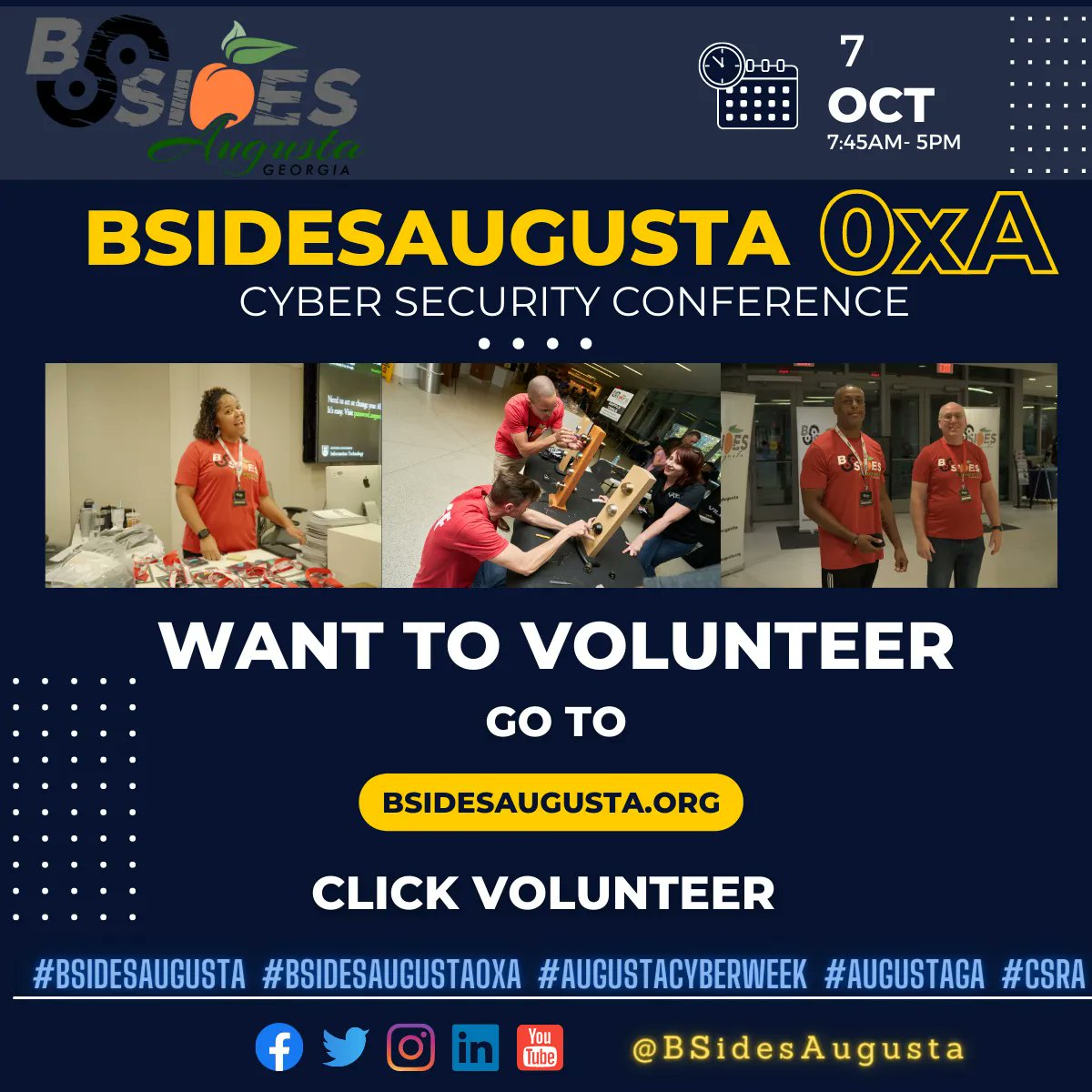 Want to volunteer for #bsidesaugusta0xA ? Go to buff.ly/2IyeQuh and click the "volunteer" link #cyber #BSidesAugusta0xA #AugustaGA #AugustaCyberWeek #CSRA #tech #cyber #infosec #cybersecurity