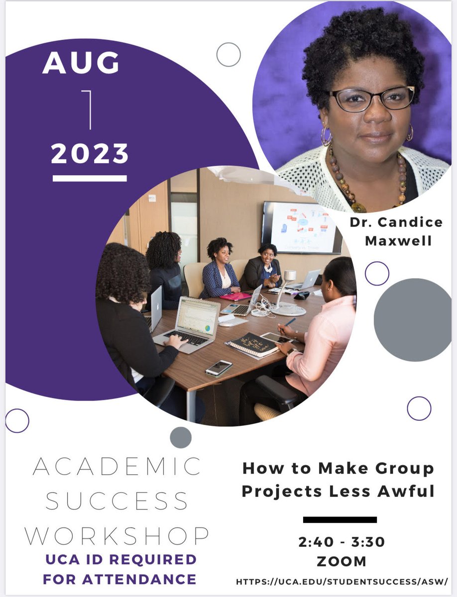 Join the Academic Success Workshop on August 1, 2023, from 2:40 - 3:30 pm. Via Zoom.

How to Make Group Projects Less Awful Tuesday, Aug. 1 

Visit their website for more information: uca.edu/studentsuccess…