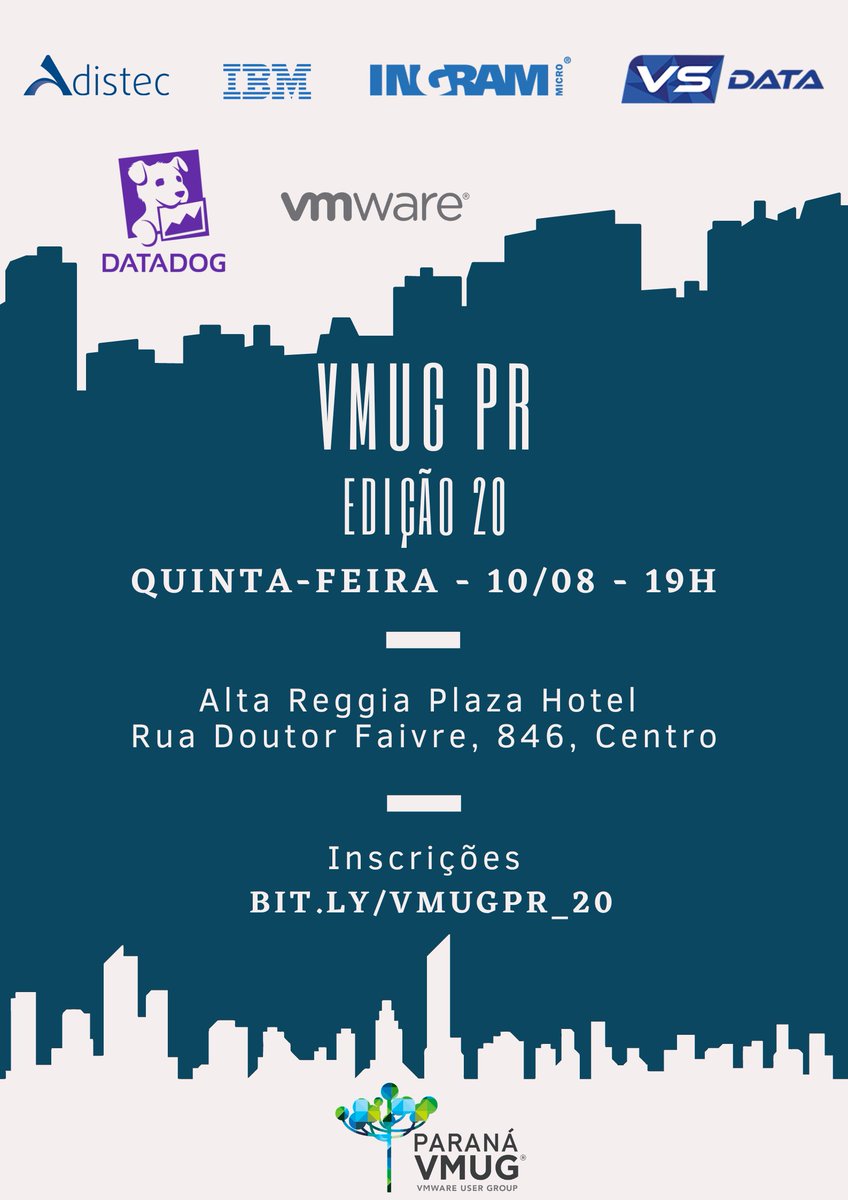 Se você estiver em Curitiba ou região, venha participar presencialmente do próximo #vmugpr. Ou, se preferir, assista online! Será dia 10/08 quinta-feira.  
Inscrições em: bit.ly/vmugpr_20

<a href="/MyVMUG/">VMware User Group</a>
<a href="/datadoghq/">Datadog, Inc.</a> 
<a href="/VMware/">VMware</a>
@adistec 
#vsdata
#IBM
#INGRAM