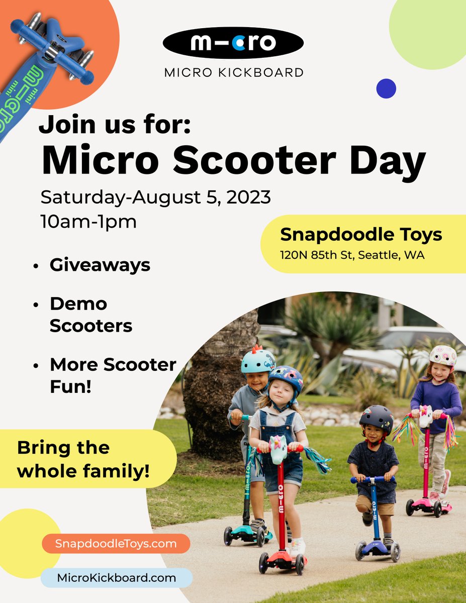 SnapdoodleToys's tweet photo. All this great summer weather definitely means we’re in prime Scooter Season! ☀️Join us and Micro Kickboard on August 5th for “Micro Scooter Day,” where you’ll be able to test-ride Micro Scooters, win some fun Micro Giveaways, and have a scoot-tastic good time!🛴 https://t.co/jvt7fNKXJB