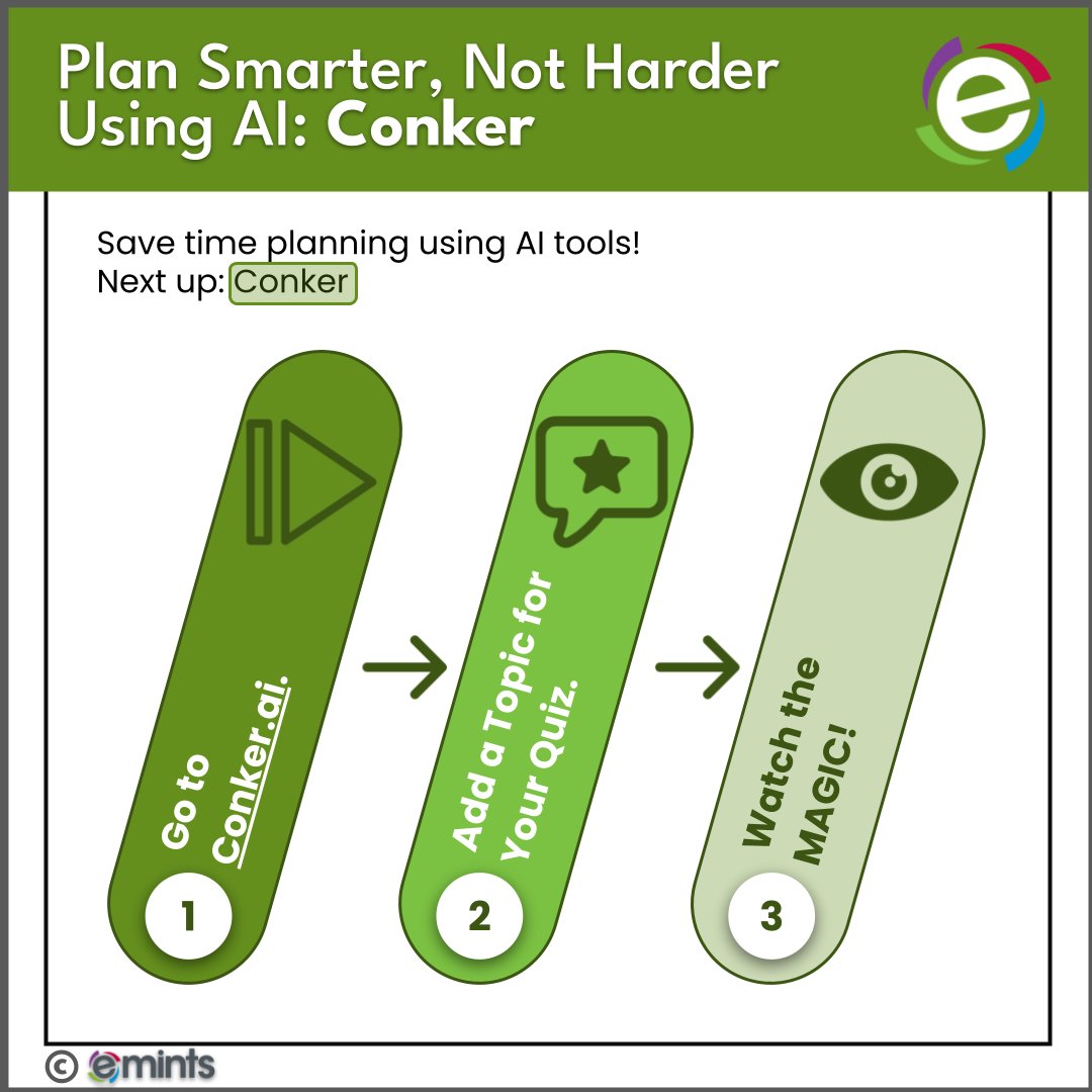 Another AI tool to help you plan smarter, not harder: <a href="/conkerHQ/">Conker⚡🗣️</a>! Generate &amp;/or customize a quiz just by entering a topic in seconds. Sign in to assign or export the quiz to <a href="/GoogleForEdu/">Google for Education</a> Forms.
<a href="/emintsnc/">eMINTS</a> #eMINTS #TipCards #TuesdayTip #TipTuesday #PoweredByTech #EnrichWithTech