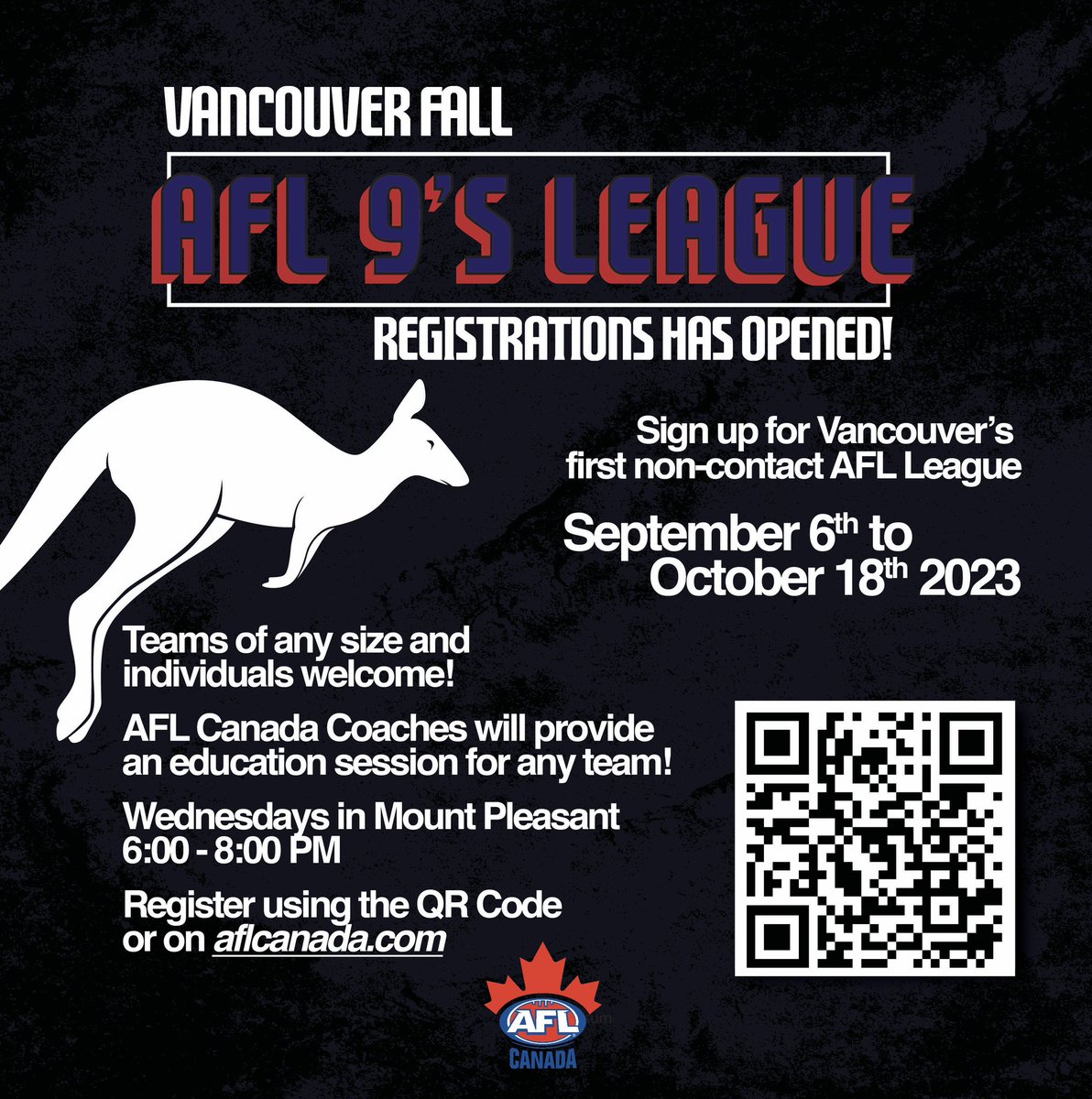 Don’t forget to get your team together to sign up for our AFL 9’s Adult Touch League this weekend!

Get a spot in the league before our Early Bird deal ends on August 20th by registering on the QR code

#footy