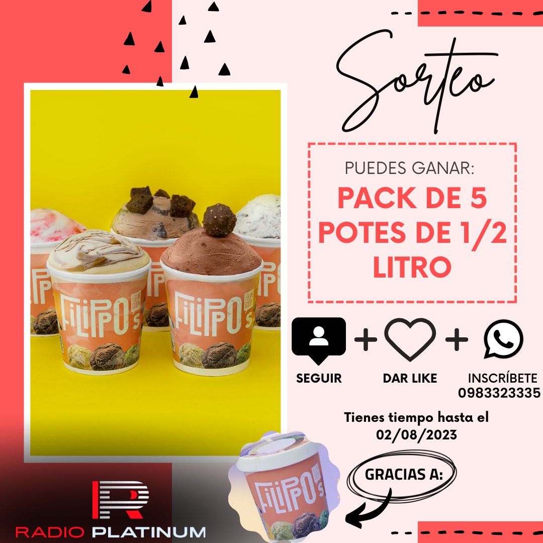 radioplatinumec's tweet image. ¿Quieres ganarte un pack de 5 potes de 1/2 litro gracias a #filippos?

1.- Sigue a las cuenta de @radioplatinum y @filipposecu
2.- Dar like a la publicación en nuestra cuenta de #Instagram @radioplatinum
3.- Inscríbete con tu nombre y número de cédula al 0983323335